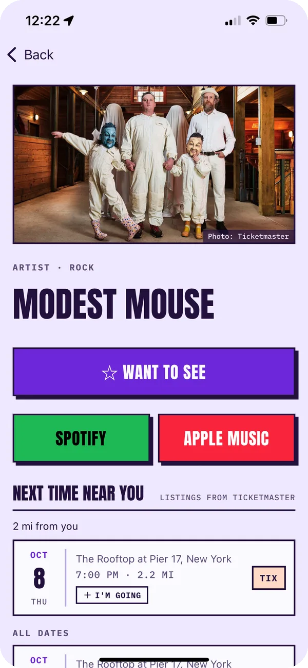 Modest Mouse's artist page with their next show nearby and recent setlists.